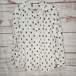 LOFT Women's Large White Black Dot Textured Henley Blouse Long Sleeve